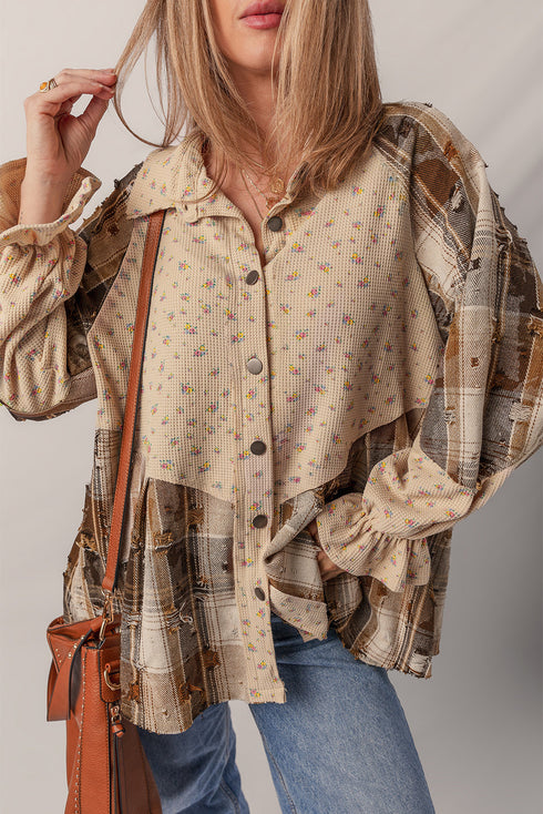 Boho Patchwork Plaid Waffle Knit Ruffled Sleeve Shackets